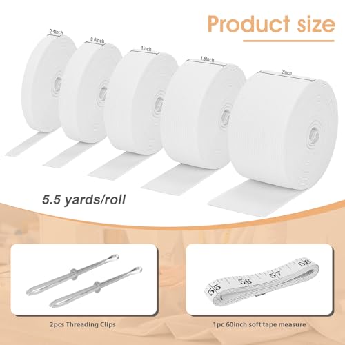 LUCKJUJU 5 Rolls Elastic Band for Sewing, White High Elasticity Knit Spool Band 0.4/0.6/1/1.5/2 Inch, 5.5 Yards/Roll with Sewing Clips & Tape Measure for Waistband Pants Dresses Swimwear Clothes Crafts DIY - Image 2