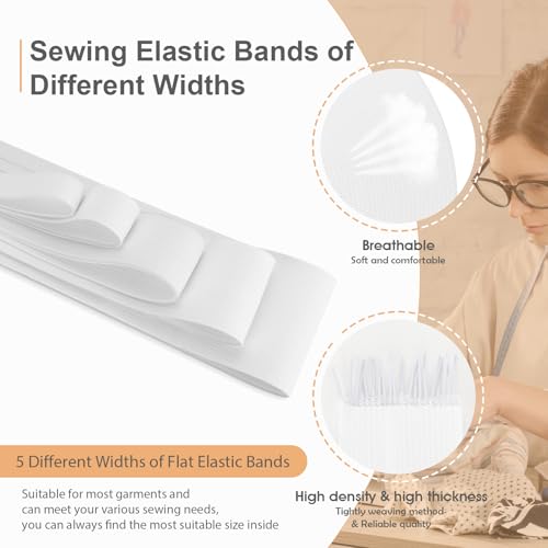 LUCKJUJU 5 Rolls Elastic Band for Sewing, White High Elasticity Knit Spool Band 0.4/0.6/1/1.5/2 Inch, 5.5 Yards/Roll with Sewing Clips & Tape Measure for Waistband Pants Dresses Swimwear Clothes Crafts DIY - Image 3