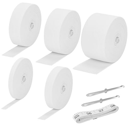 LUCKJUJU 5 Rolls Elastic Band for Sewing, White High Elasticity Knit Spool Band 0.4/0.6/1/1.5/2 Inch, 5.5 Yards/Roll with Sewing Clips & Tape Measure for Waistband Pants Dresses Swimwear Clothes Crafts DIY - Image 1