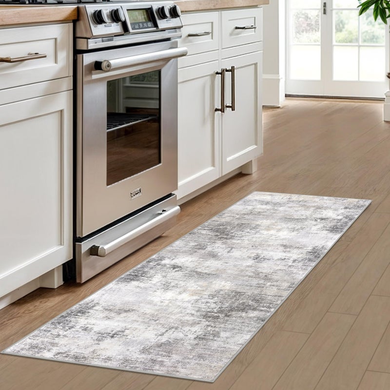 IOHOUZE Abstract Runner Rug 2x6 Ft Washable Runners for Hallways, Non Slip Kitchen Runner Printed Faux Wool Entryway Runner Indoor, Modern Abstract Floor Carpet for Hall Kitchen Bedroom, Grey Beige - Image 2