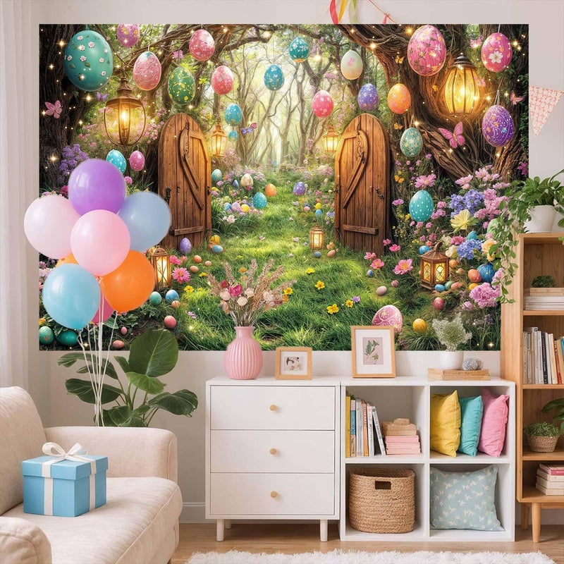NYMB 10X8ft Easter Photography Backdrop Spring Fairytale Enchanted Forest Backdrop Funny Bunny Rabbit Banner Party Decorations Colorful Eggs Flower Photo Backdrops Kids Portrait Photoshoot Studio Props - Image 2
