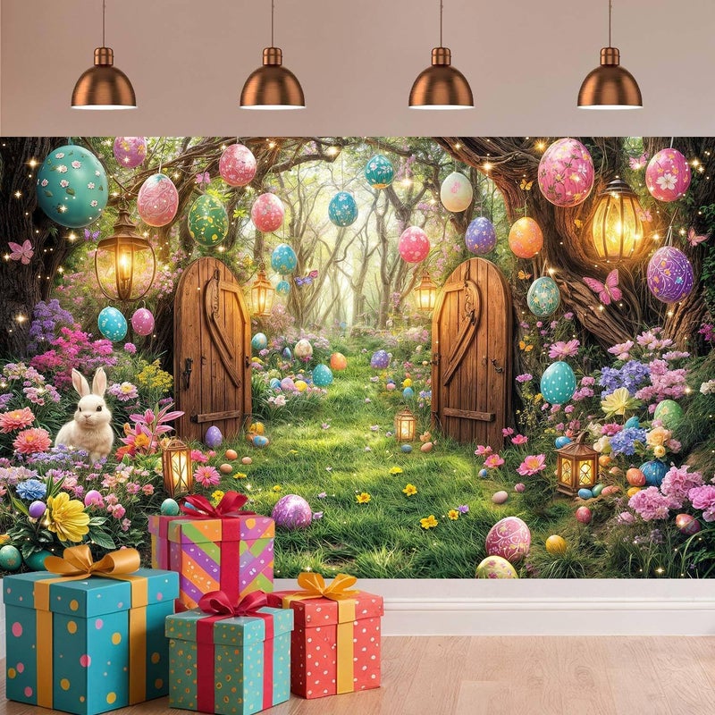 NYMB 10X8ft Easter Photography Backdrop Spring Fairytale Enchanted Forest Backdrop Funny Bunny Rabbit Banner Party Decorations Colorful Eggs Flower Photo Backdrops Kids Portrait Photoshoot Studio Props - Image 4