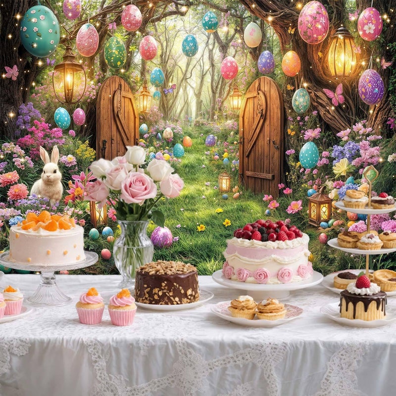 NYMB 10X8ft Easter Photography Backdrop Spring Fairytale Enchanted Forest Backdrop Funny Bunny Rabbit Banner Party Decorations Colorful Eggs Flower Photo Backdrops Kids Portrait Photoshoot Studio Props - Image 3