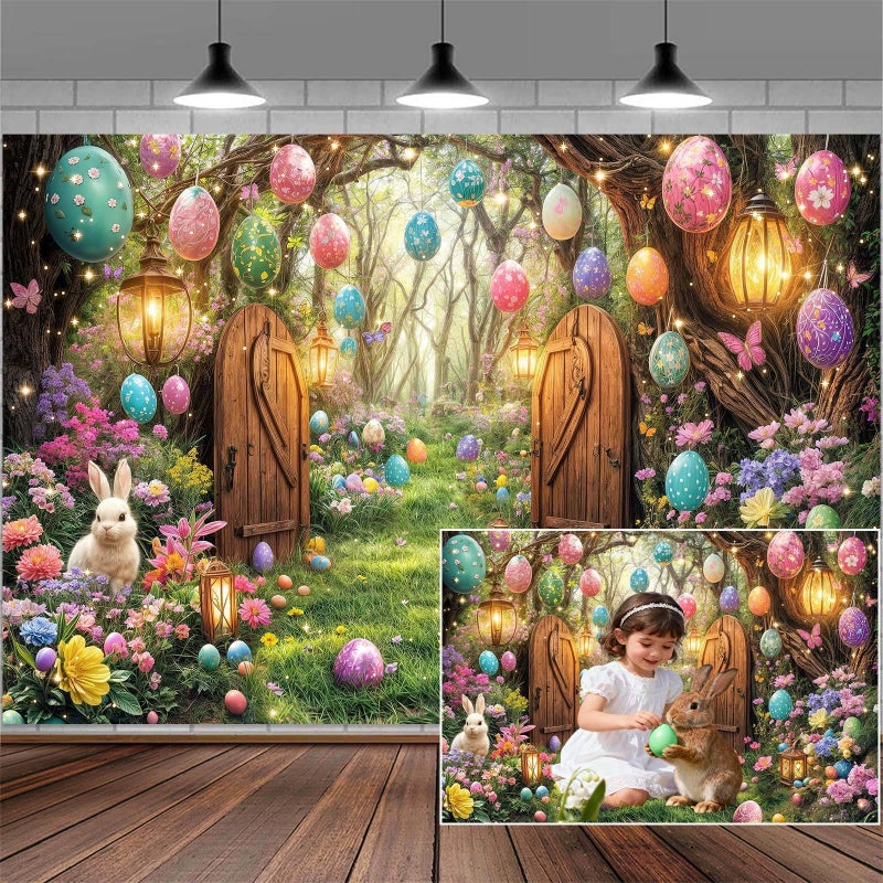 NYMB 10X8ft Easter Photography Backdrop Spring Fairytale Enchanted Forest Backdrop Funny Bunny Rabbit Banner Party Decorations Colorful Eggs Flower Photo Backdrops Kids Portrait Photoshoot Studio Props - Image 1