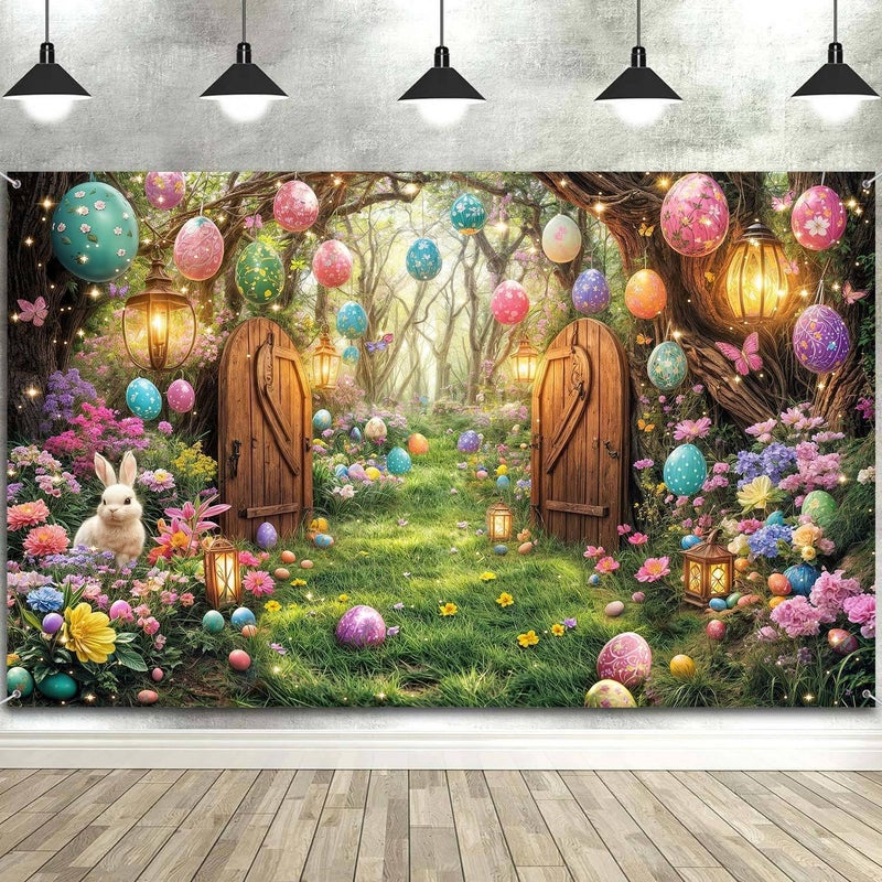 NYMB 10X8ft Easter Photography Backdrop Spring Fairytale Enchanted Forest Backdrop Funny Bunny Rabbit Banner Party Decorations Colorful Eggs Flower Photo Backdrops Kids Portrait Photoshoot Studio Props - Image 5