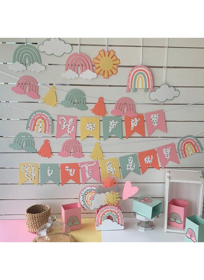 Pinfliers Pinfliers Pastel Birthday Decorations,Rainbow Theme Happy Birthday Decoration Set/Kit, Paper Popcorn Box,Banner/Bunting/Pennant/Flag, Hanging/Swirls,Party Table Centerpiece,Pastel-Multicolor,19 pieces  - Image 1
