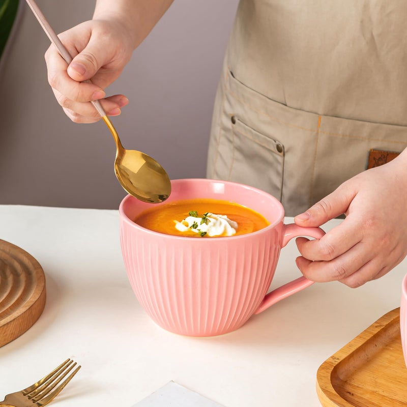 Hoilse Ceramic Soup Bowl with Handle,24 oz Large Coffee Mugs, Jumbo Soup Mugs With Lids for Breakfast Cereal, Oatmeal, Coffee,Tea,Dishwasher & Dishwasher Safe,Housewarming Wedding Gift,1PC (Pink) - Image 3