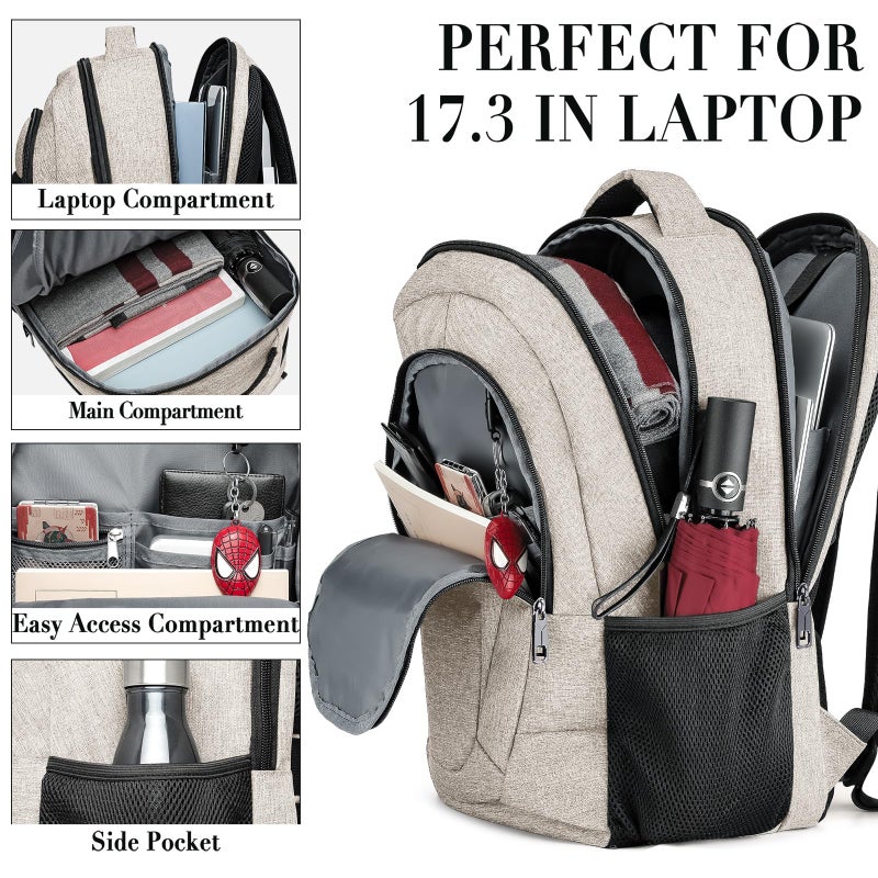 BIKROD Backpack for Women and Men, Extra Large School Backpacks for Teens, Water Resistant Back Pack with USB Charging Port Fits 17 Inch Laptop, Business Anti Theft Sturdy Computer Bag Gifts, Beige - Image 3