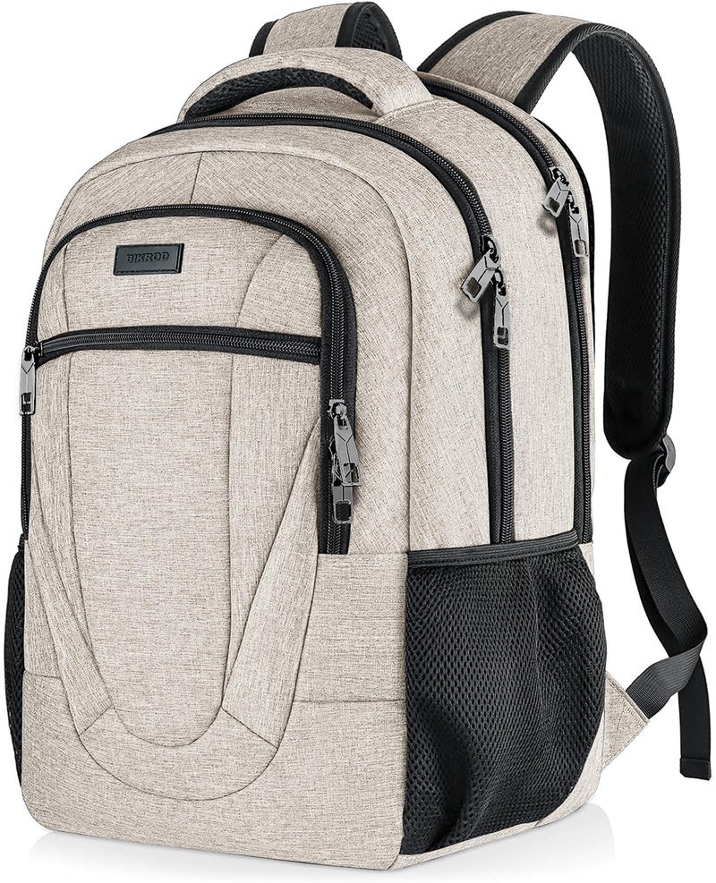 BIKROD Backpack for Women and Men, Extra Large School Backpacks for Teens, Water Resistant Back Pack with USB Charging Port Fits 17 Inch Laptop, Business Anti Theft Sturdy Computer Bag Gifts, Beige - Image 1