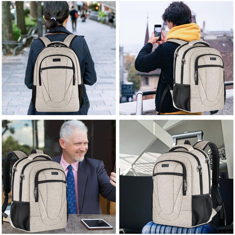 BIKROD Backpack for Women and Men, Extra Large School Backpacks for Teens, Water Resistant Back Pack with USB Charging Port Fits 17 Inch Laptop, Business Anti Theft Sturdy Computer Bag Gifts, Beige - Image 5