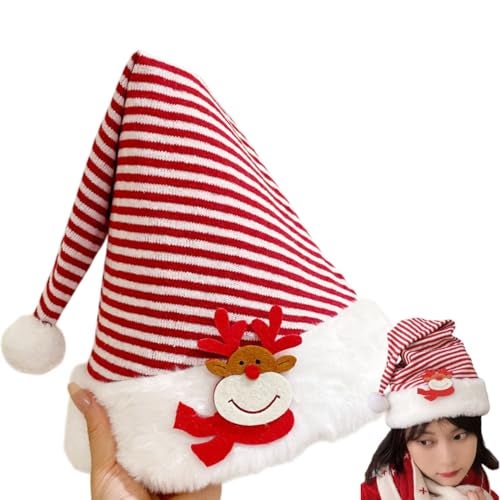 TLISMI Christmas Hat for Adults & Kids | Red White Striped Santa Hat with Cute Reindeer Design | Soft Plush Faux Fur Trim | Knitted Xmas Party Cap for Holiday & New Year Celebrations, Christmas Eve - Image 1