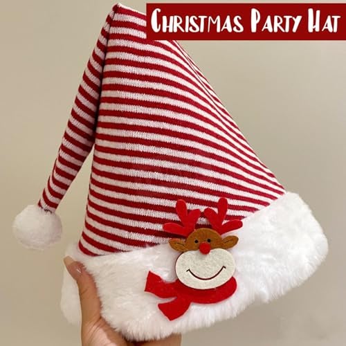 TLISMI Christmas Hat for Adults & Kids | Red White Striped Santa Hat with Cute Reindeer Design | Soft Plush Faux Fur Trim | Knitted Xmas Party Cap for Holiday & New Year Celebrations, Christmas Eve - Image 2