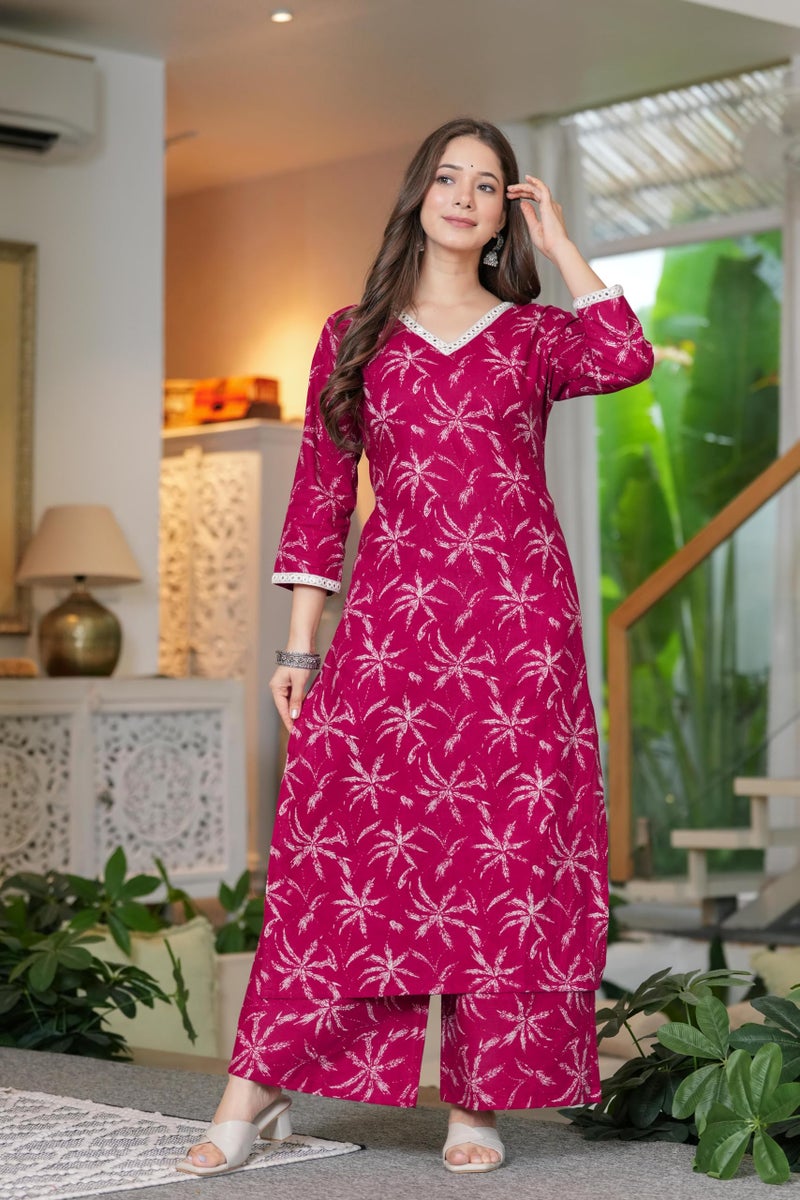 MEERA FAB Women Cotton Printed V-Neck Lace Kurta Palazzo Set Maroon - Image 3