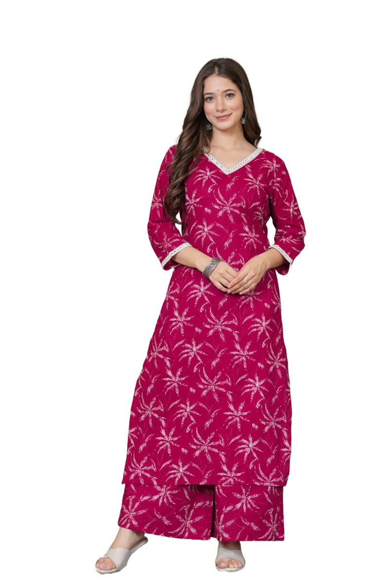 MEERA FAB Women Cotton Printed V-Neck Lace Kurta Palazzo Set Maroon - Image 1