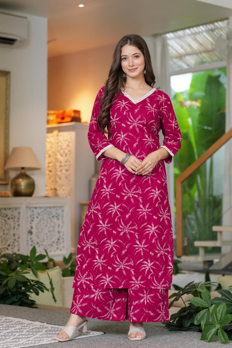 MEERA FAB Women Cotton Printed V-Neck Lace Kurta Palazzo Set Maroon - Image 2