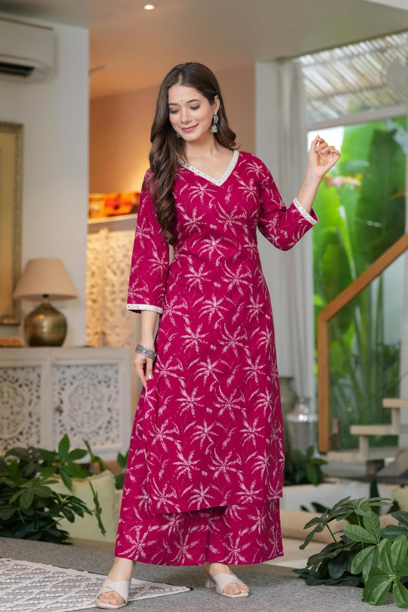 MEERA FAB Women Cotton Printed V-Neck Lace Kurta Palazzo Set Maroon - Image 4