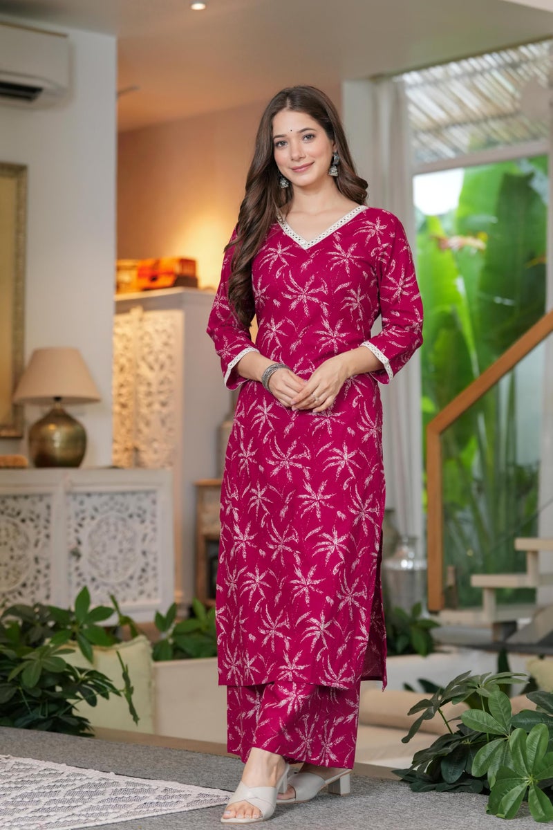 MEERA FAB Women Cotton Printed V-Neck Lace Kurta Palazzo Set Maroon - Image 5