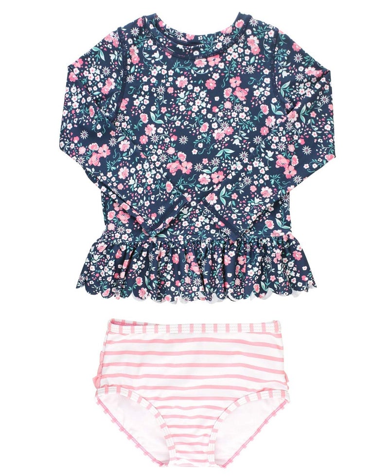 RuffleButts Girls Moonlit Meadow Peplum Long Sleeve Rash Guard Bikini - 4T - Image 1