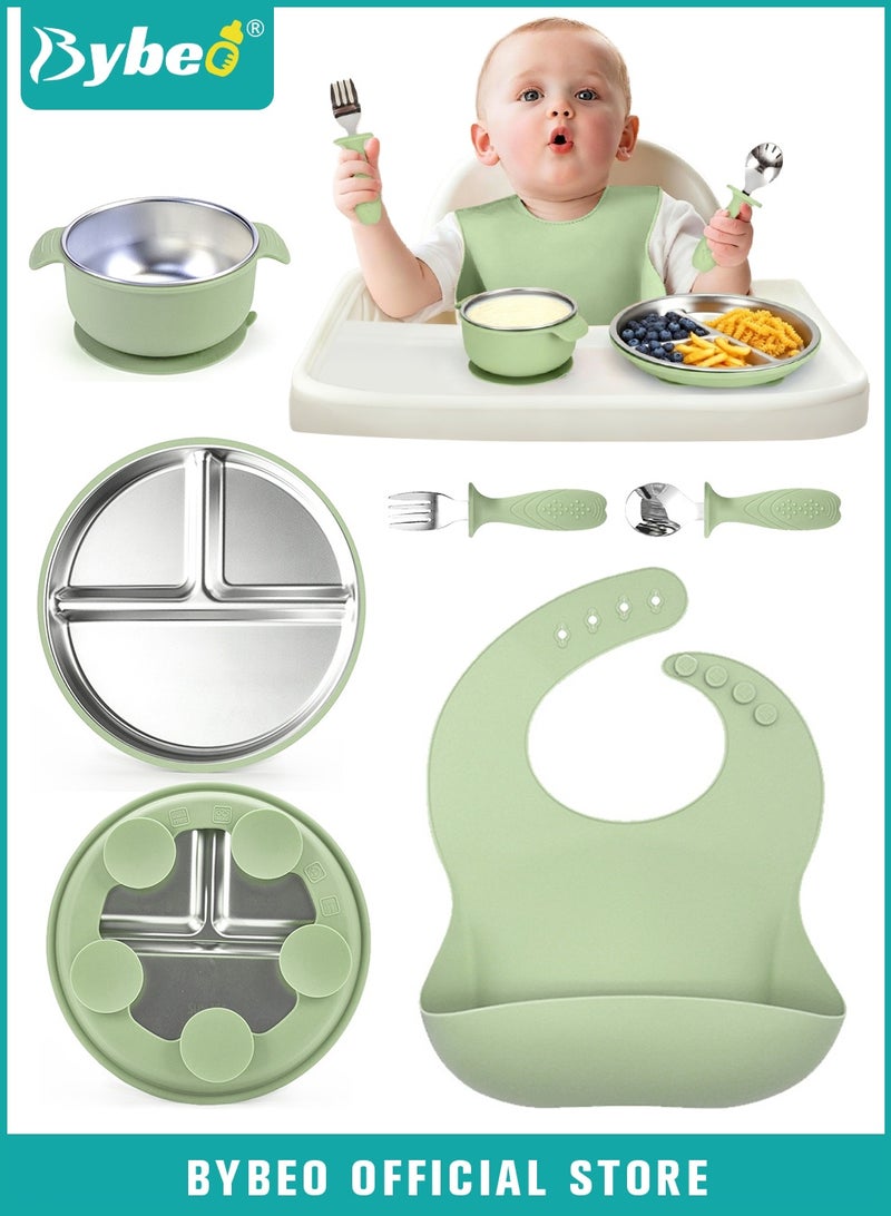 Bybeo 5 PCS Baby Feeding Set,Stainless Steel Suction Plates and Bowls with Silicone Fork and Spoon Utensils,Infant Feeding Supplies,Baby Led Weaning Set for Newborns,Toddlers - Image 1