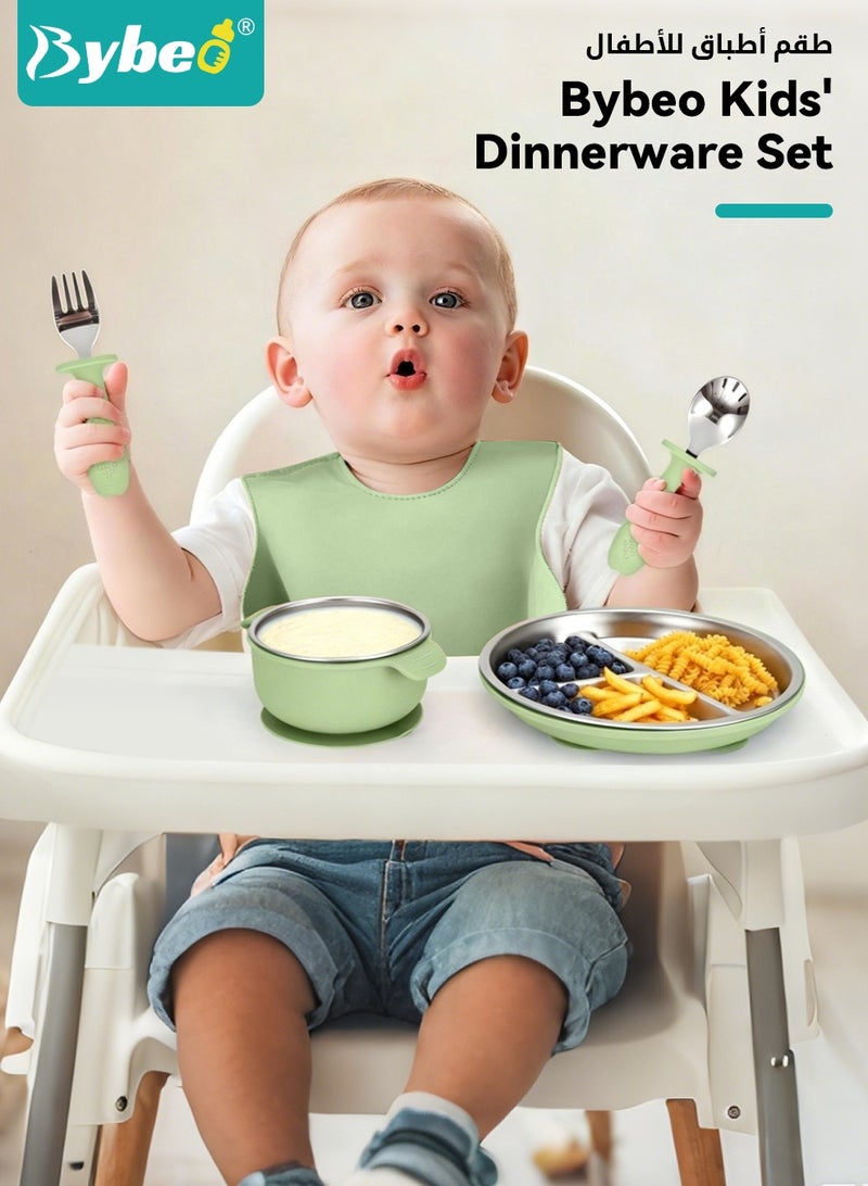 Bybeo 5 PCS Baby Feeding Set,Stainless Steel Suction Plates and Bowls with Silicone Fork and Spoon Utensils,Infant Feeding Supplies,Baby Led Weaning Set for Newborns,Toddlers - Image 2