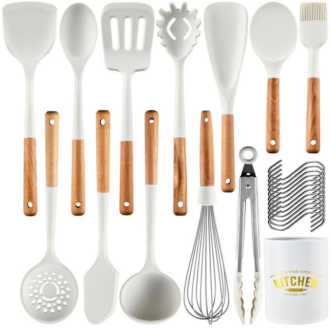 SILICONE KITCHEN UTENSILS SET446F HEAT RESISTANT 13 PIECE WOOD HANDLE FOR NONSTICK COOKING SET BPA FREE TURNERTONGSSPATULASPOONBRUSHWHISK WHITE