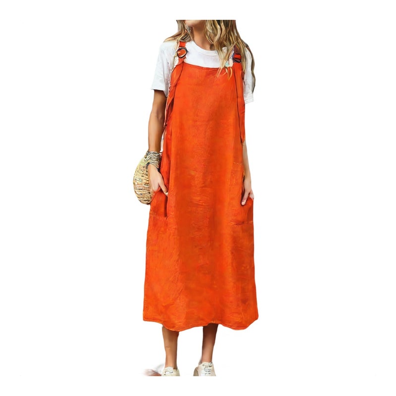 Women's Casual Cotton Linen Long Dress with Adjustable Straps - Image 1