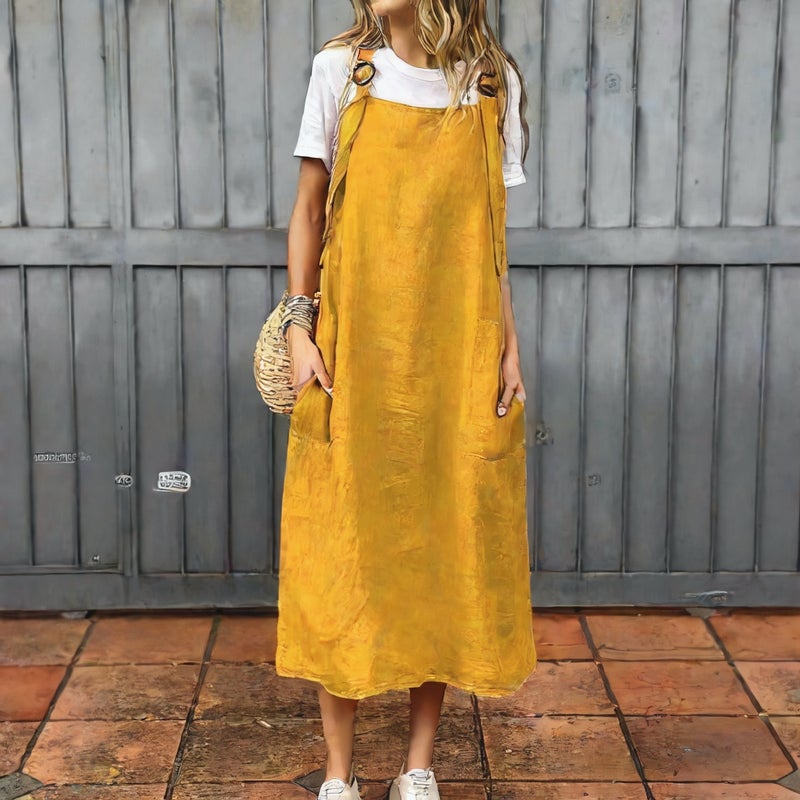 Women's Casual Cotton Linen Long Dress with Adjustable Straps - Image 2