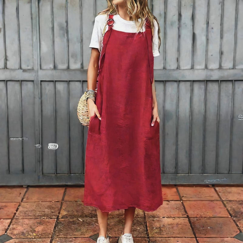 Women's Casual Cotton Linen Long Dress with Adjustable Straps - Image 3