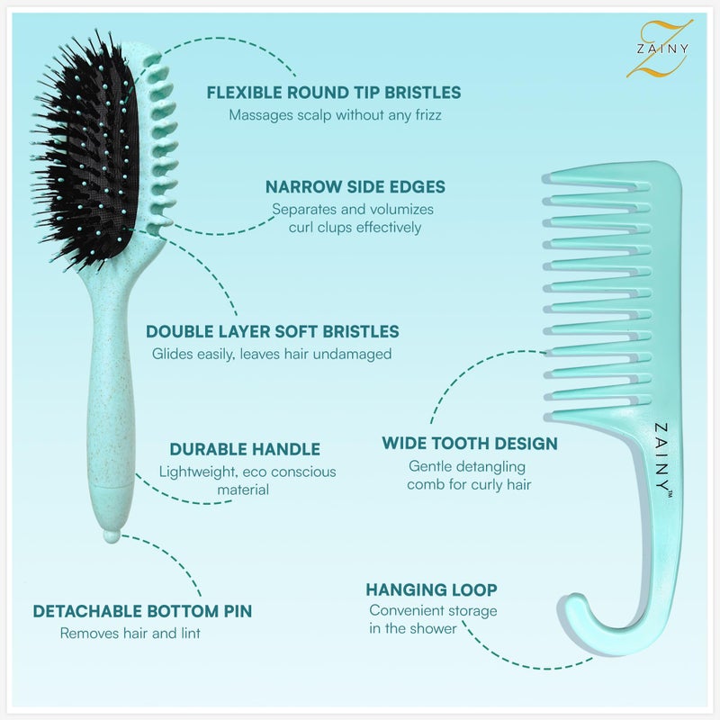 ZAINY Curl Defining Brush 2PC Set, Wide Tooth Comb for Curls, Curly Hair Brush for Women, Wet Detangler Wavy Hairbrush & Shower Detangling Curl Comb & Define Curl Brush for Kids, Girls, Toddlers & Men - Image 4