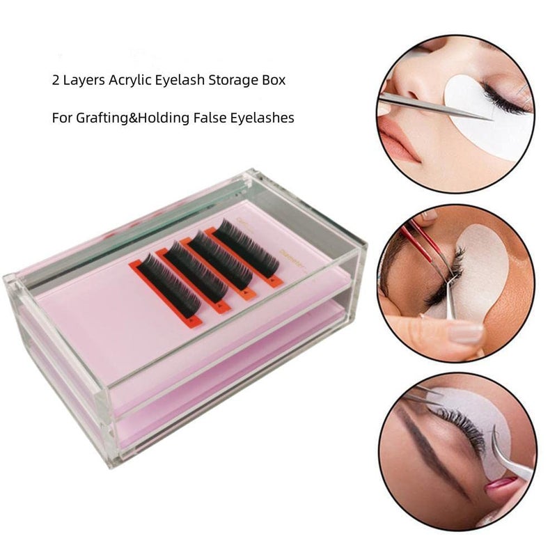LIXIMMAZN Two Layers Eyelash Grafting Pallet with Cover, Dust-proof Acrylic Lash Tile holder, Eyelash Extensions Storage Gasket Pads 2 Tiers for Beginners Beauty Artist Salon (Pink) - Image 2