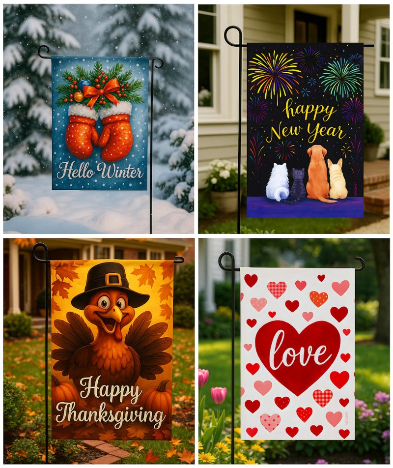 VEOJEIN Premium 12 Pack Seasonal Garden Flags Set 12x18 Inch Double Sided, Burlap Outdoor Yard Flags for Spring, Summer, Fall, Winter, Easter, Motherâ€™s Day, Valentineâ€™s, St. Patrickâ€™s, 4th of July, Halloween, Thanksgiving, Christmas - Image 2
