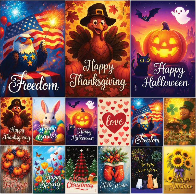 VEOJEIN Premium 12 Pack Seasonal Garden Flags Set 12x18 Inch Double Sided, Burlap Outdoor Yard Flags for Spring, Summer, Fall, Winter, Easter, Motherâ€™s Day, Valentineâ€™s, St. Patrickâ€™s, 4th of July, Halloween, Thanksgiving, Christmas - Image 1