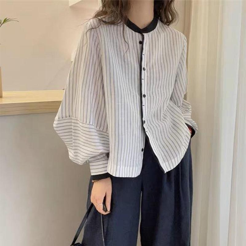 Lantern Sleeve Striped Casual Blouse Women 2026 Fashion Top - Image 1