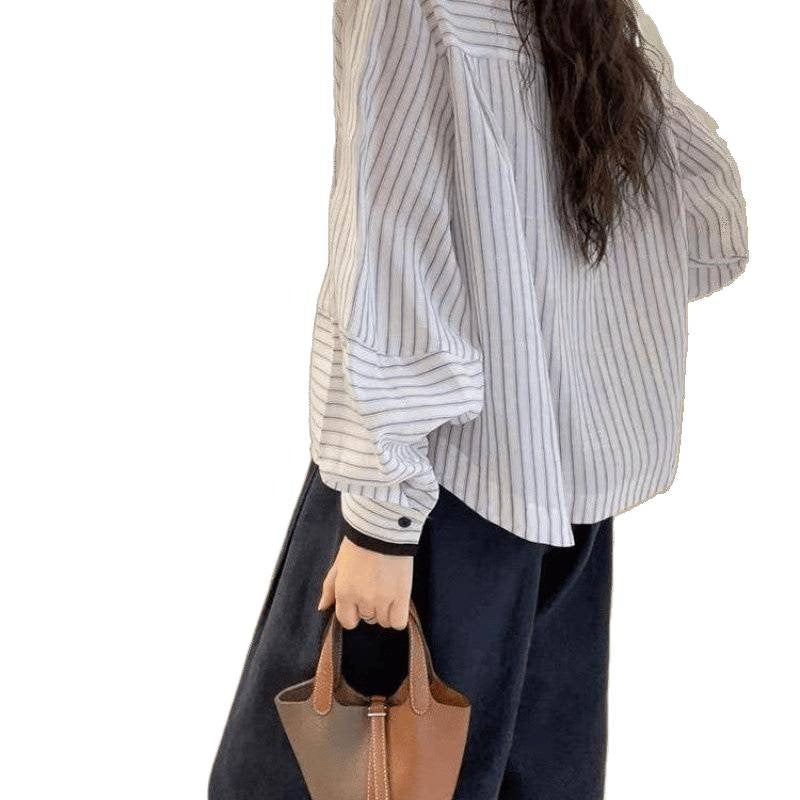 Lantern Sleeve Striped Casual Blouse Women 2026 Fashion Top - Image 5