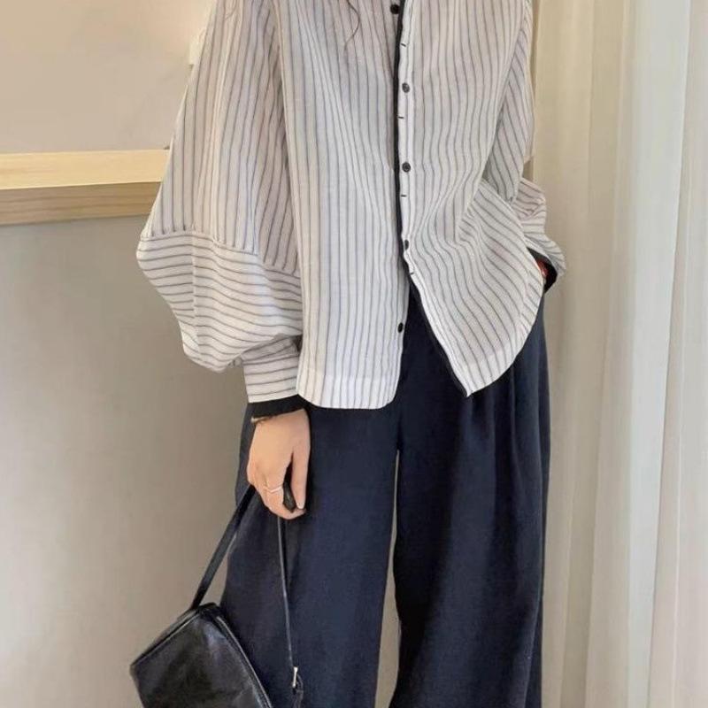 Lantern Sleeve Striped Casual Blouse Women 2026 Fashion Top - Image 2