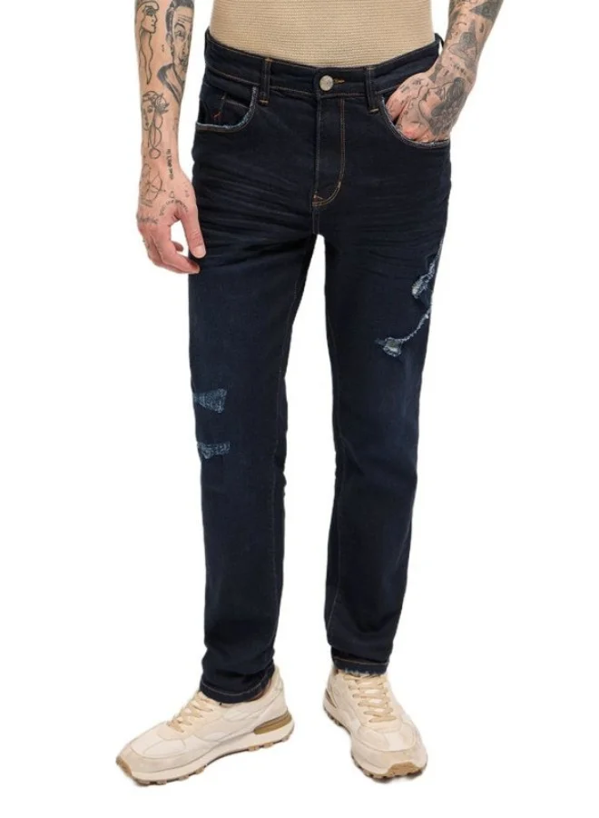 Men's Dark Blue with Light Fade Distressed Mid-Rise Relaxed Fit Jeans Classic Comfort With Modern Style, Perfect For Everyday Casual Looks And Effortless Streetwear Vibes