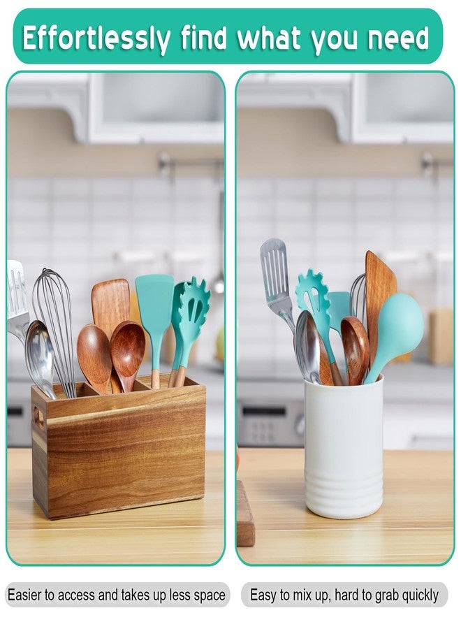 ALELION Acacia Wood Utensil Holder with Removable Divider - 3 Compartment Wooden Utensil Caddy Organizer for Kitchen Counter - Large Cooking Utensil Crock for Countertop - Image 4