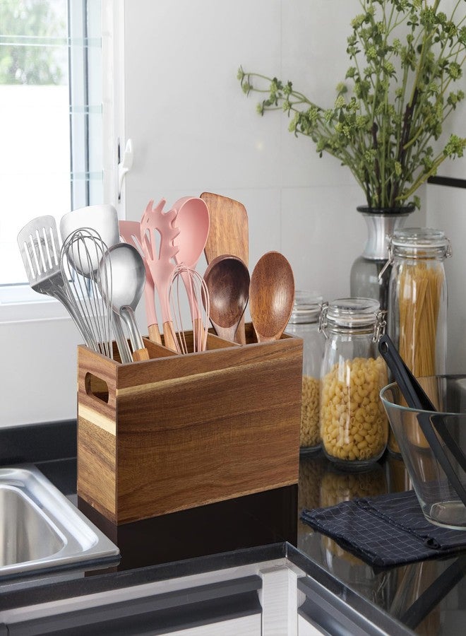 ALELION Acacia Wood Utensil Holder with Removable Divider - 3 Compartment Wooden Utensil Caddy Organizer for Kitchen Counter - Large Cooking Utensil Crock for Countertop - Image 3