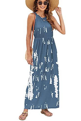Hount Long Summer Dresses for Women 2025 Casual Beach Floral Boho Maxi Dress Blue White L - Image 1