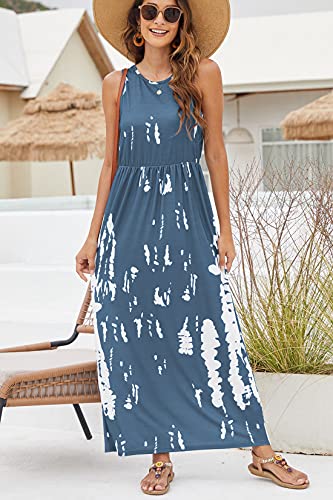 Hount Long Summer Dresses for Women 2025 Casual Beach Floral Boho Maxi Dress Blue White L - Image 3