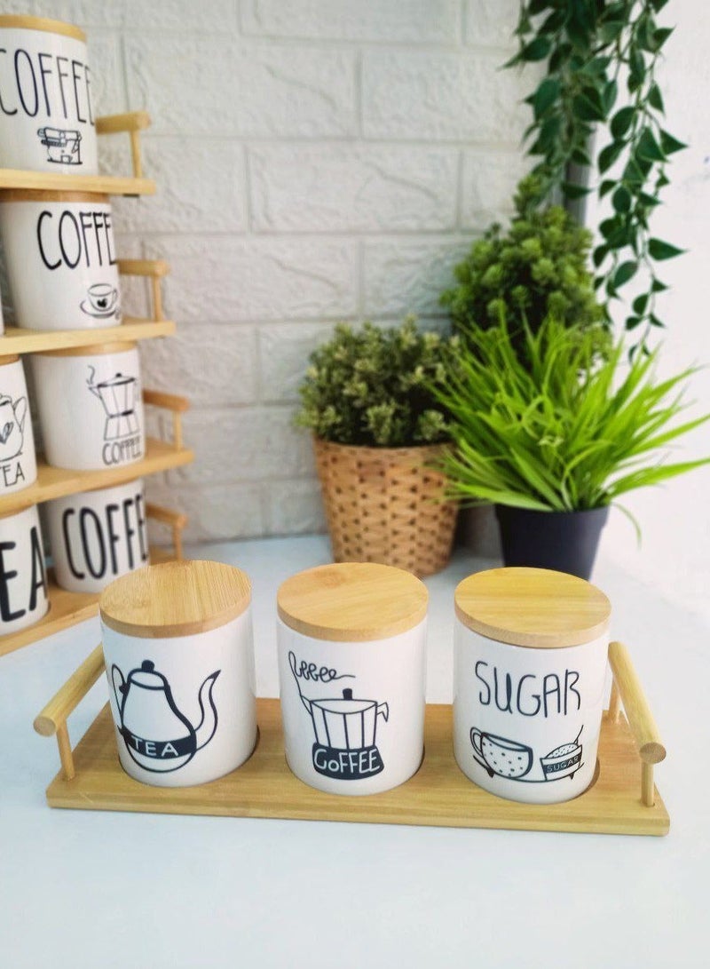 طقم برطمان بورسلين 3 قطع قهوة وسكر وشاي بتصاميم مختلفه مع صينيه خشب طقم برطمان كوفي - Image 3