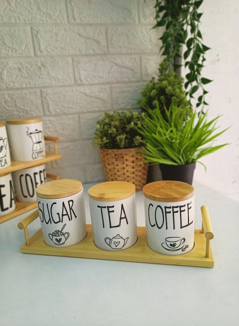 طقم برطمان بورسلين 3 قطع قهوة وسكر وشاي بتصاميم مختلفه مع صينيه خشب طقم برطمان كوفي - Image 2