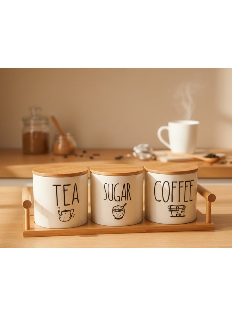 طقم برطمان بورسلين 3 قطع قهوة وسكر وشاي بتصاميم مختلفه مع صينيه خشب طقم برطمان كوفي - Image 1