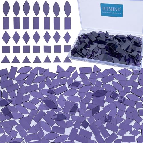 LITMIND Transparent Purple Stained Glass Mosaic Tiles 240 Pieces in 5 Shapes Rectangle Triangle Rhombus Square Leaf Mixed Sizes for Crafts Mosaic Projects Home Dcor - Image 1