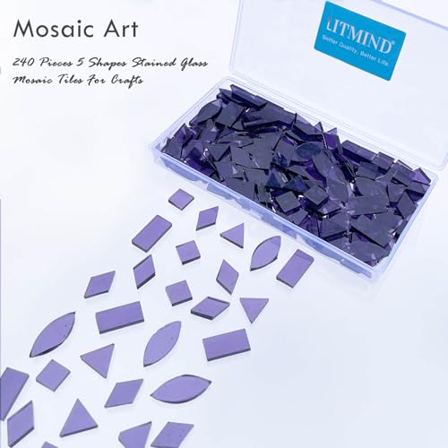 LITMIND Transparent Purple Stained Glass Mosaic Tiles 240 Pieces in 5 Shapes Rectangle Triangle Rhombus Square Leaf Mixed Sizes for Crafts Mosaic Projects Home Dcor - Image 3