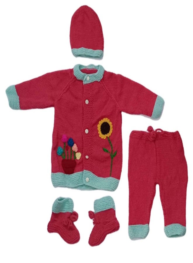 Cute Collection Hand Knitted Woolen Sweater with Pyjami Cap and Pair of Booties for 6 to 9 Months Baby (Unisex) - Image 1