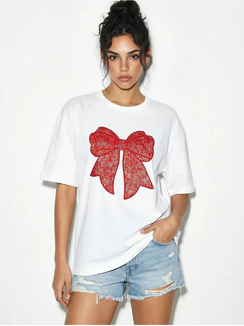 Bianco Lucci LUCCI Oversized Printed Crew Neck T-Shirt with Accessory Detail