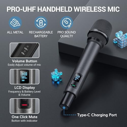 TONOR Wireless Microphone System, Auto Scan & Pair UHF Rechargeable Karaoke Mic, 2x100 Professional Dynamic Cordless Mic for Singing Church Wedding DJ with Adjustable Volume, Quick Mute 262ft TW550 - Image 4