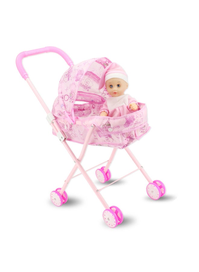 ألعاب أطفال بنات تلعب عربة منزل مع دمى أطفال رياض الأطفال ملابس أطفال ملاهي دفعة اللون: عربة وردية مع حديد المهر + دمية قبعة (مع زجاجة) - Image 1