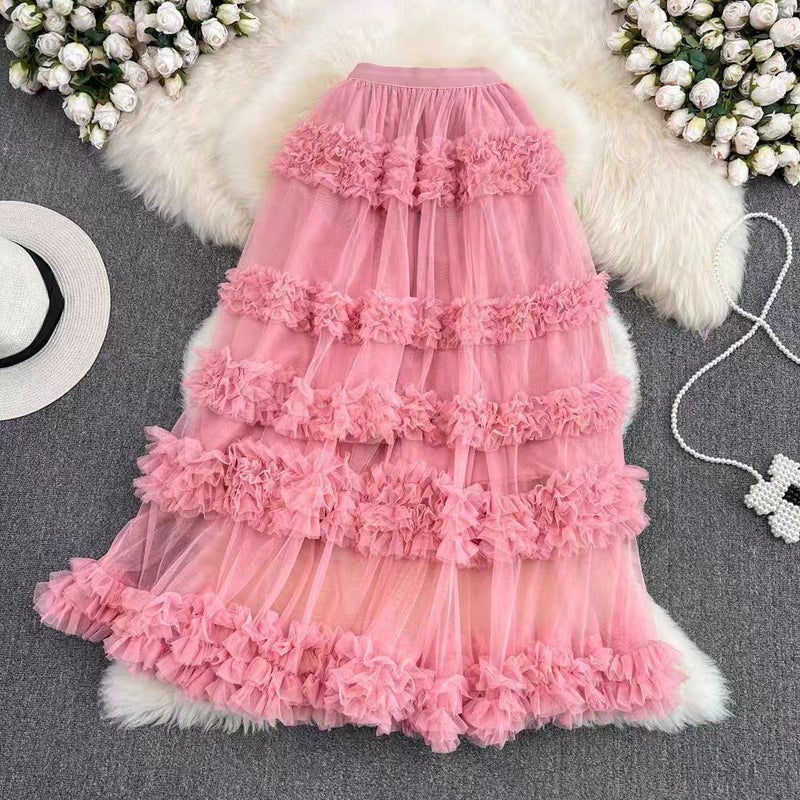 Cross-border New Heavy Industry Large Swing Long Skirt Multi-layer Cake Skirt Puffy Skirt High Waist All-match Solid Color A- shape Gauze Skirt Lotus color 